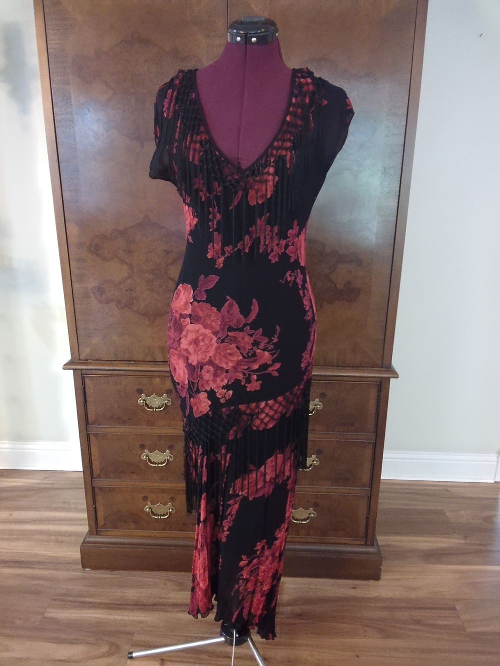 Black Maxi Dress with Red Floral Print and Fringe Detailing